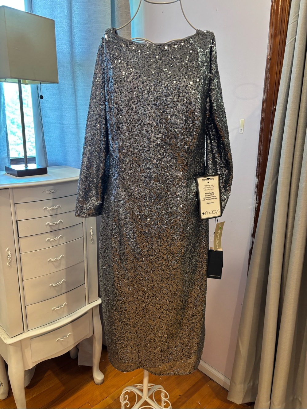 Macy's Silver Sequin Long Sleeve Cocktail Dress